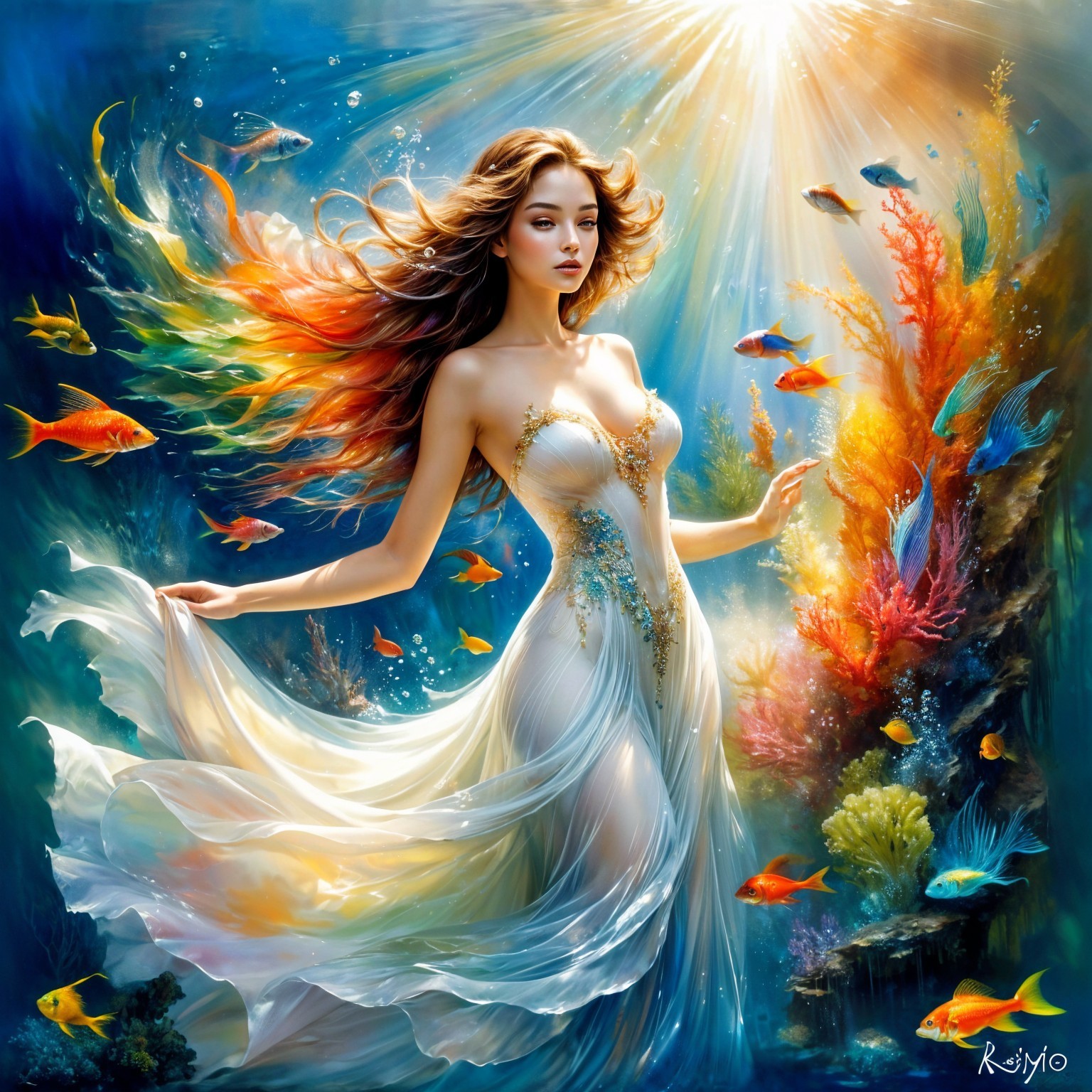 Underwater Scene with Woman in Translucent Gown