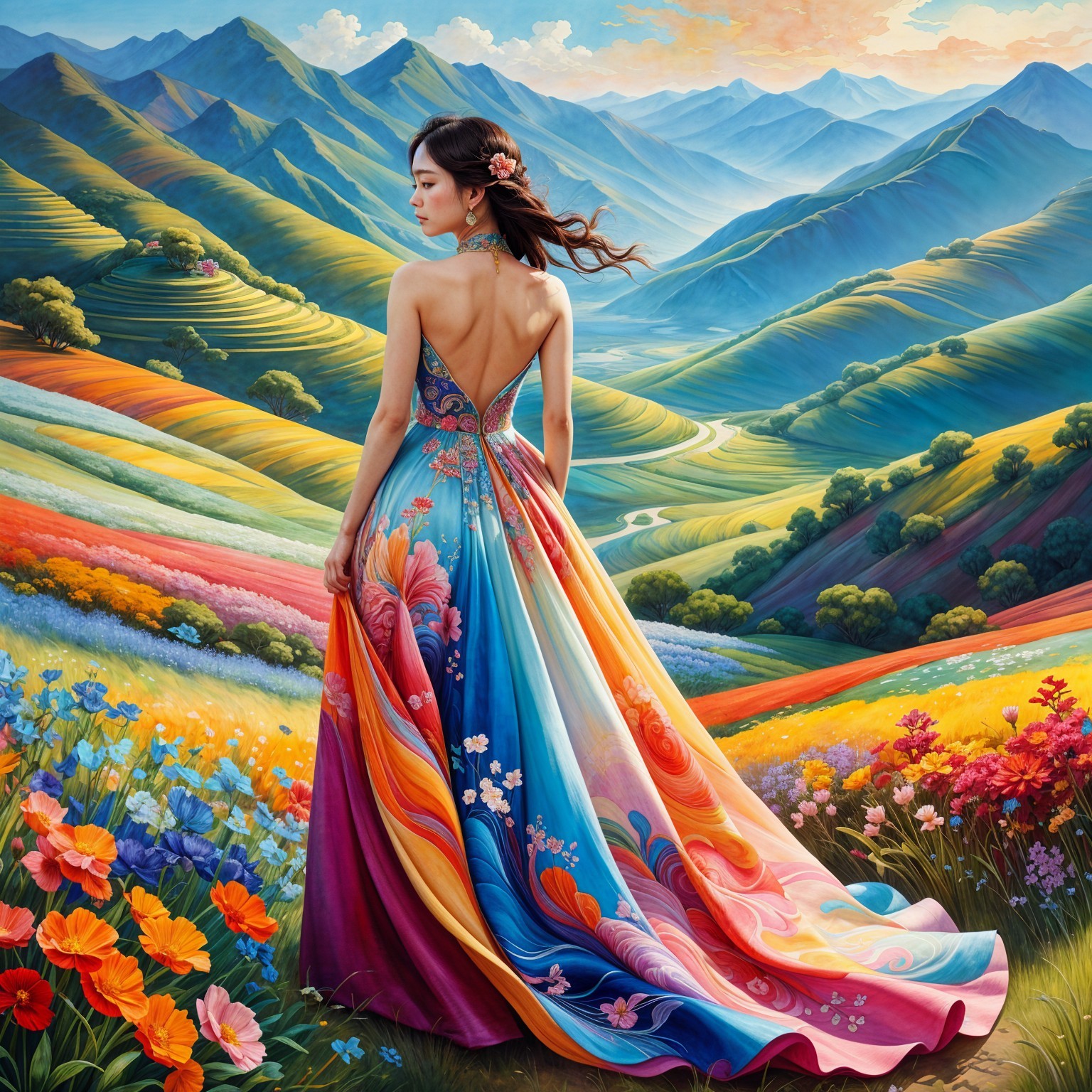 Woman in Floral Dress Overlooking Scenic Landscape
