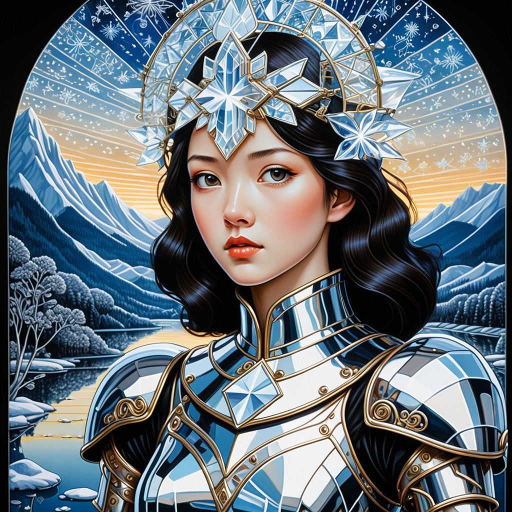 Regal figure in blue and silver outfit in winter landscape