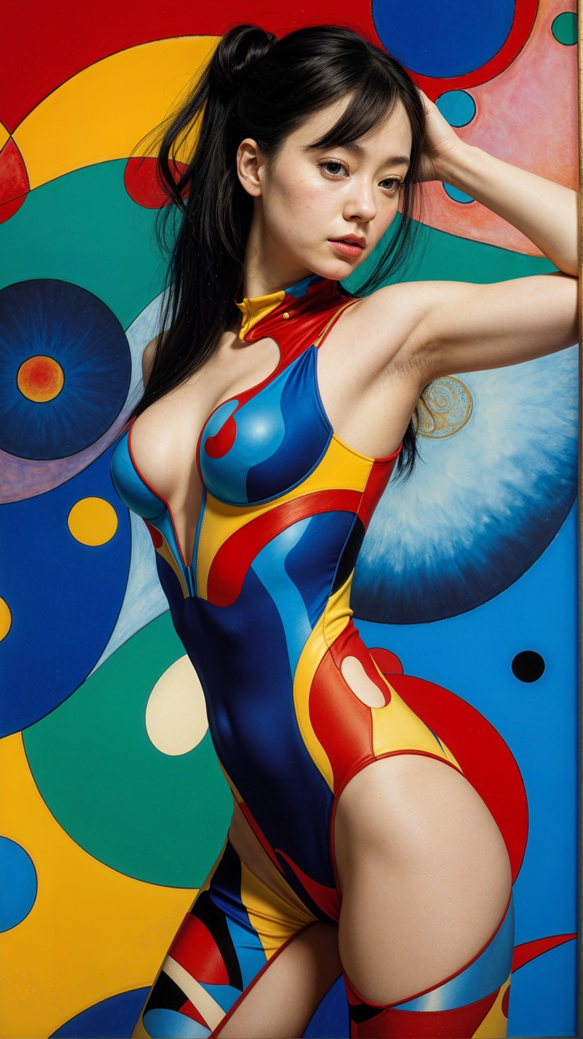 Vibrant Bodysuit with Abstract Patterns and Colorful Background
