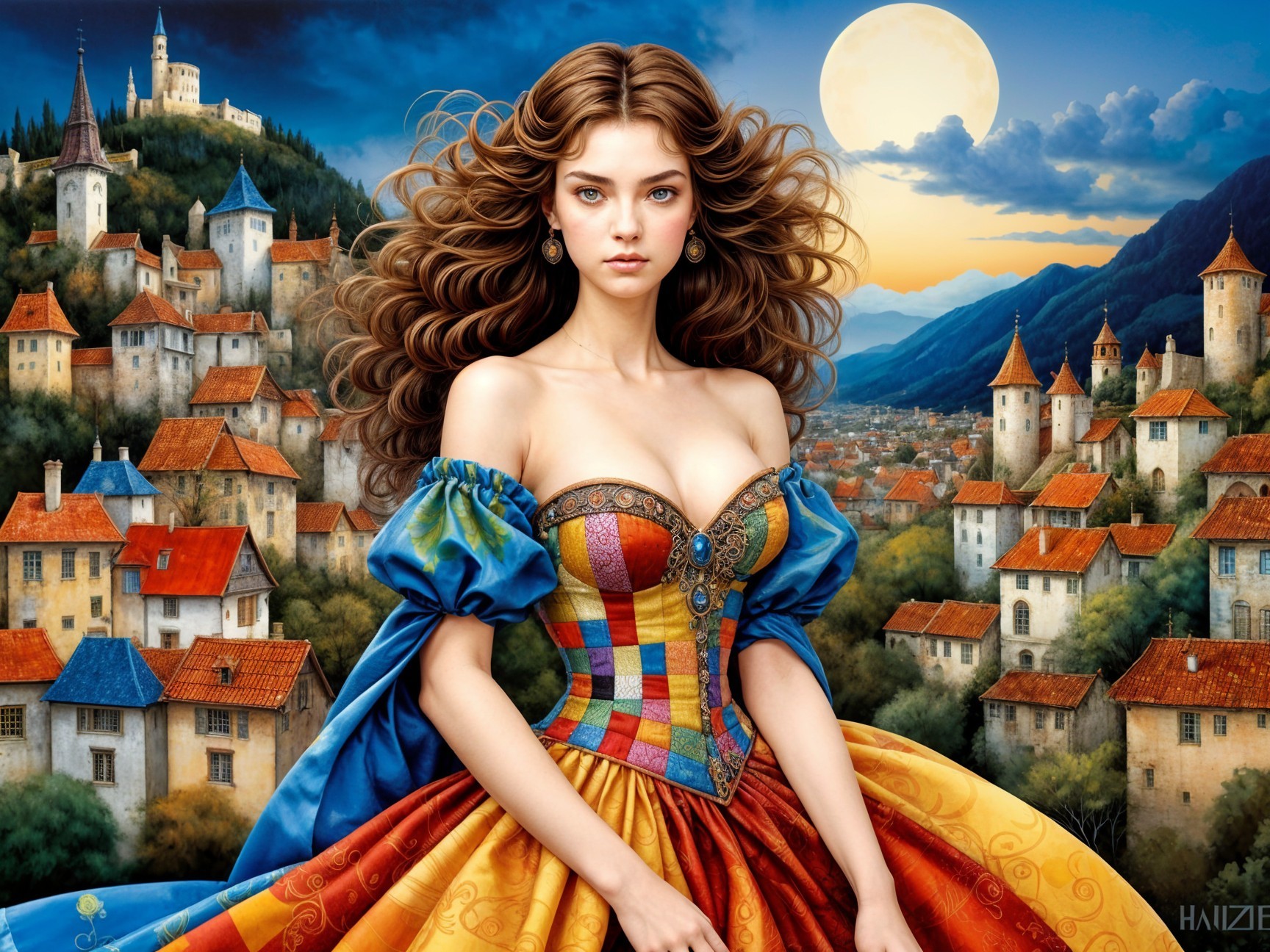 Young woman in colorful gown before medieval town