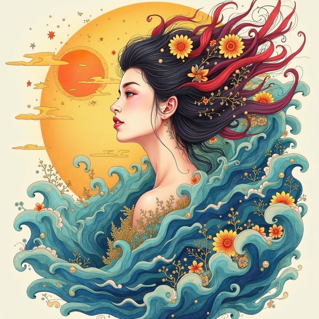 Ethereal Woman in Vibrant Waves with Nature Elements