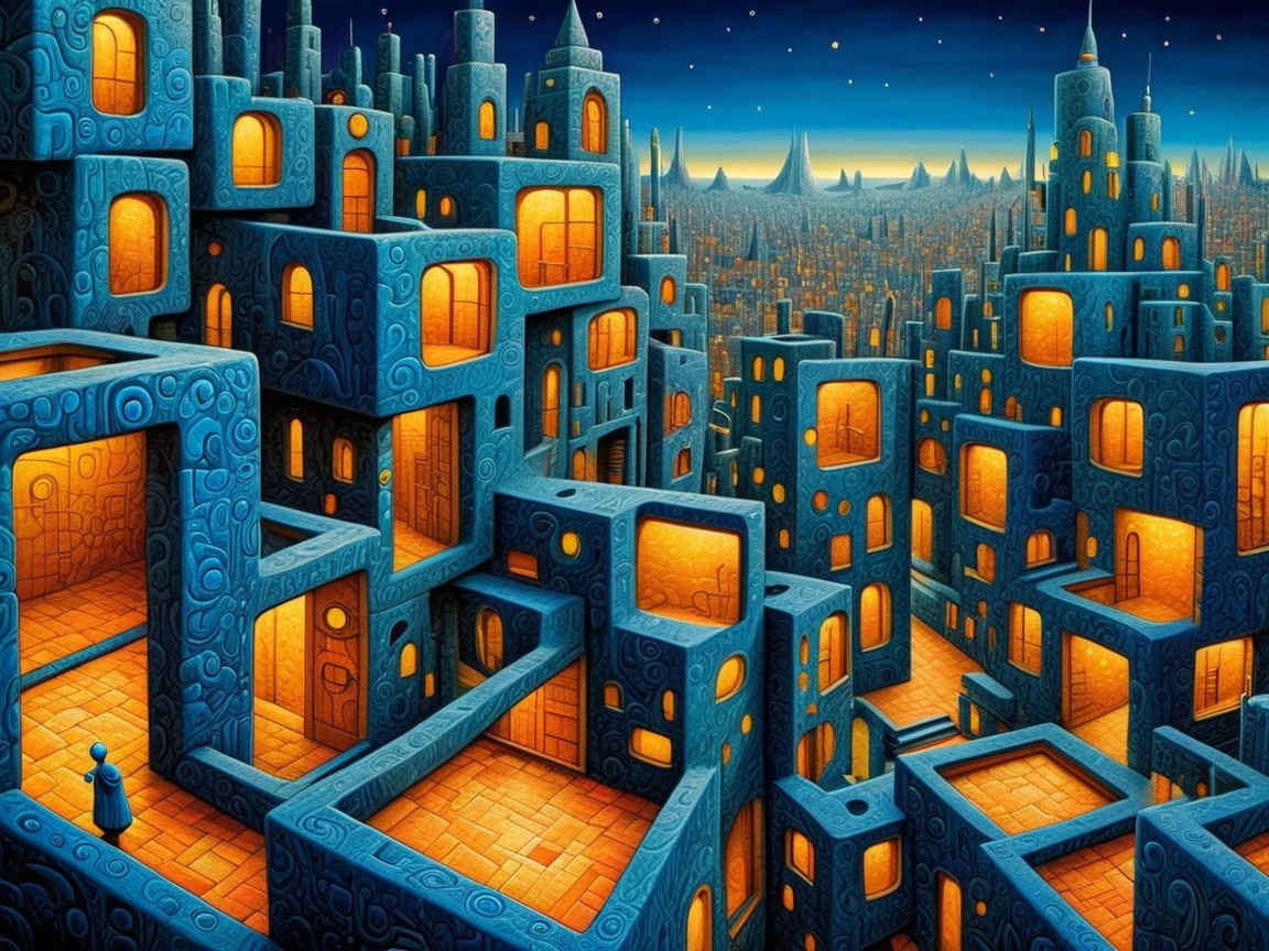 Surreal Blue-Toned Cityscape with Geometric Buildings