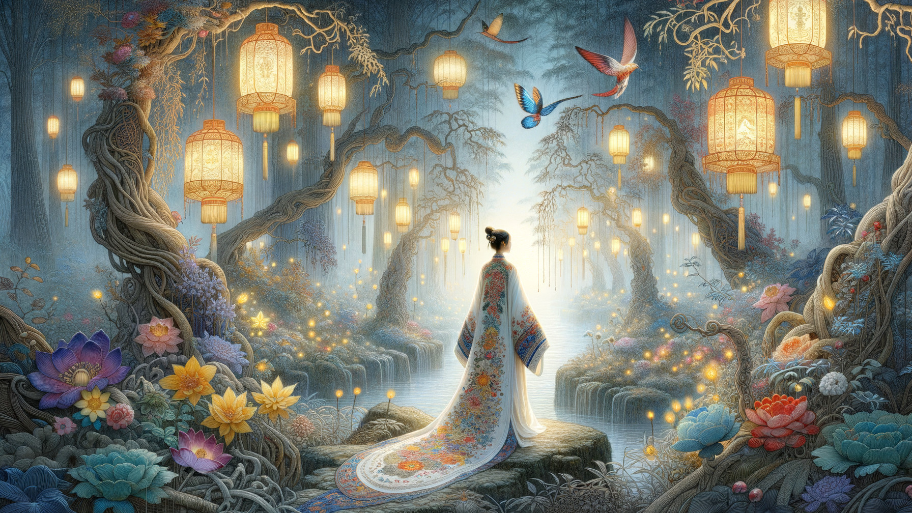 Mystical Forest Scene with Lanterns and Vibrant Nature