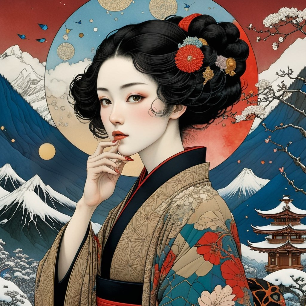 Serene Woman in Kimono Against Vibrant Japanese Landscape