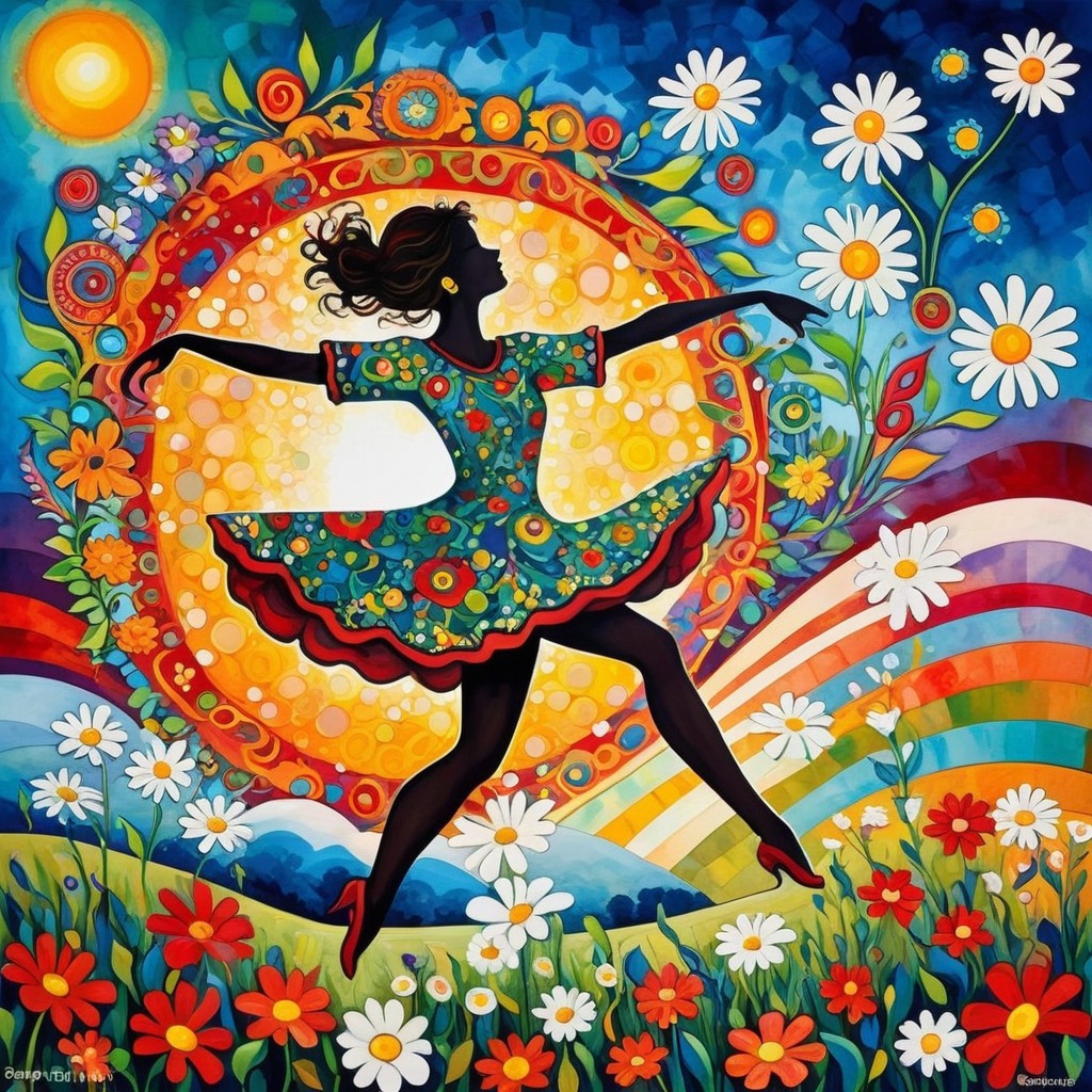 Colorful Artwork of Silhouetted Dancer in Nature