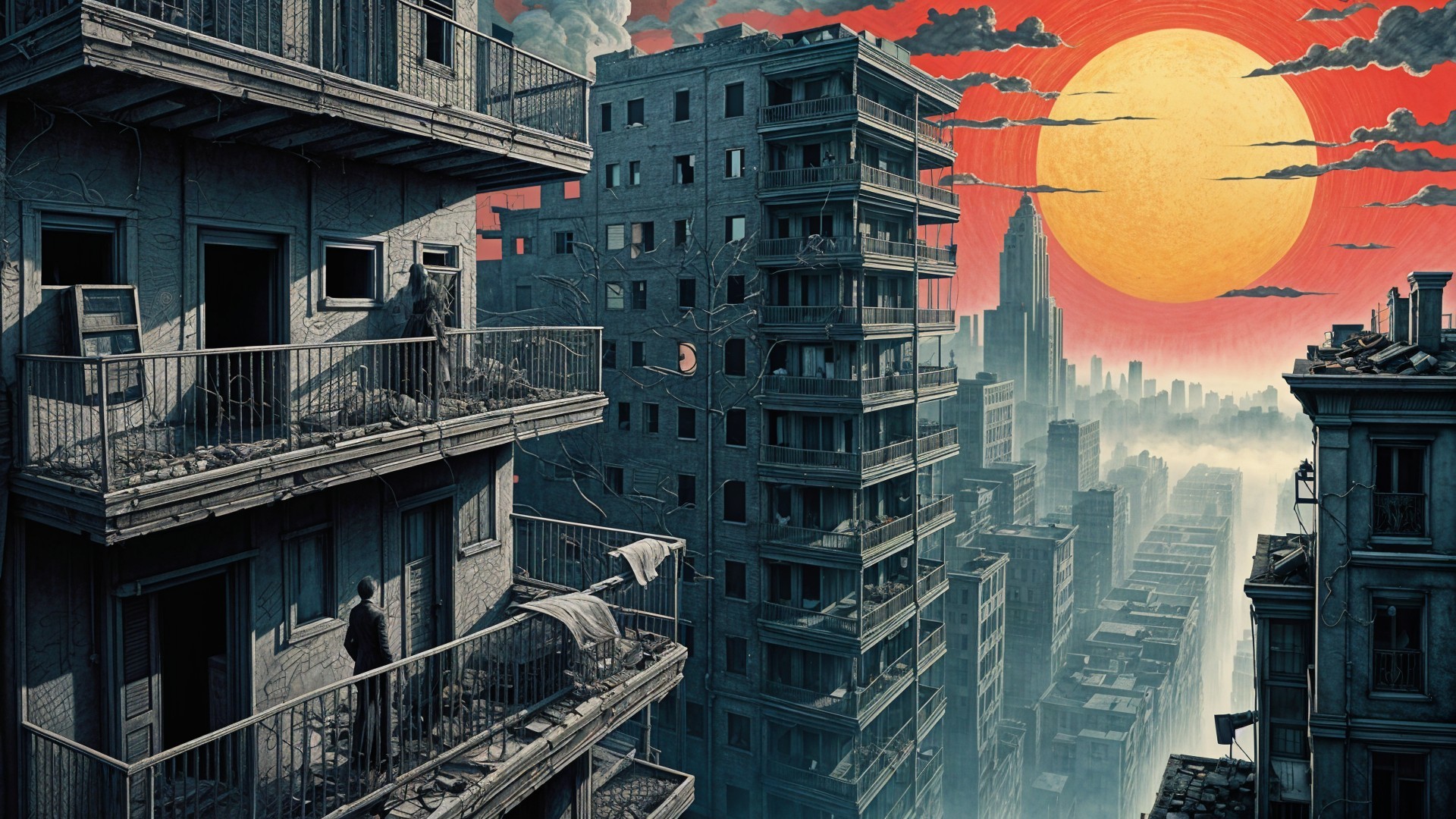 Dystopian Cityscape Under a Vibrant Orange Sun