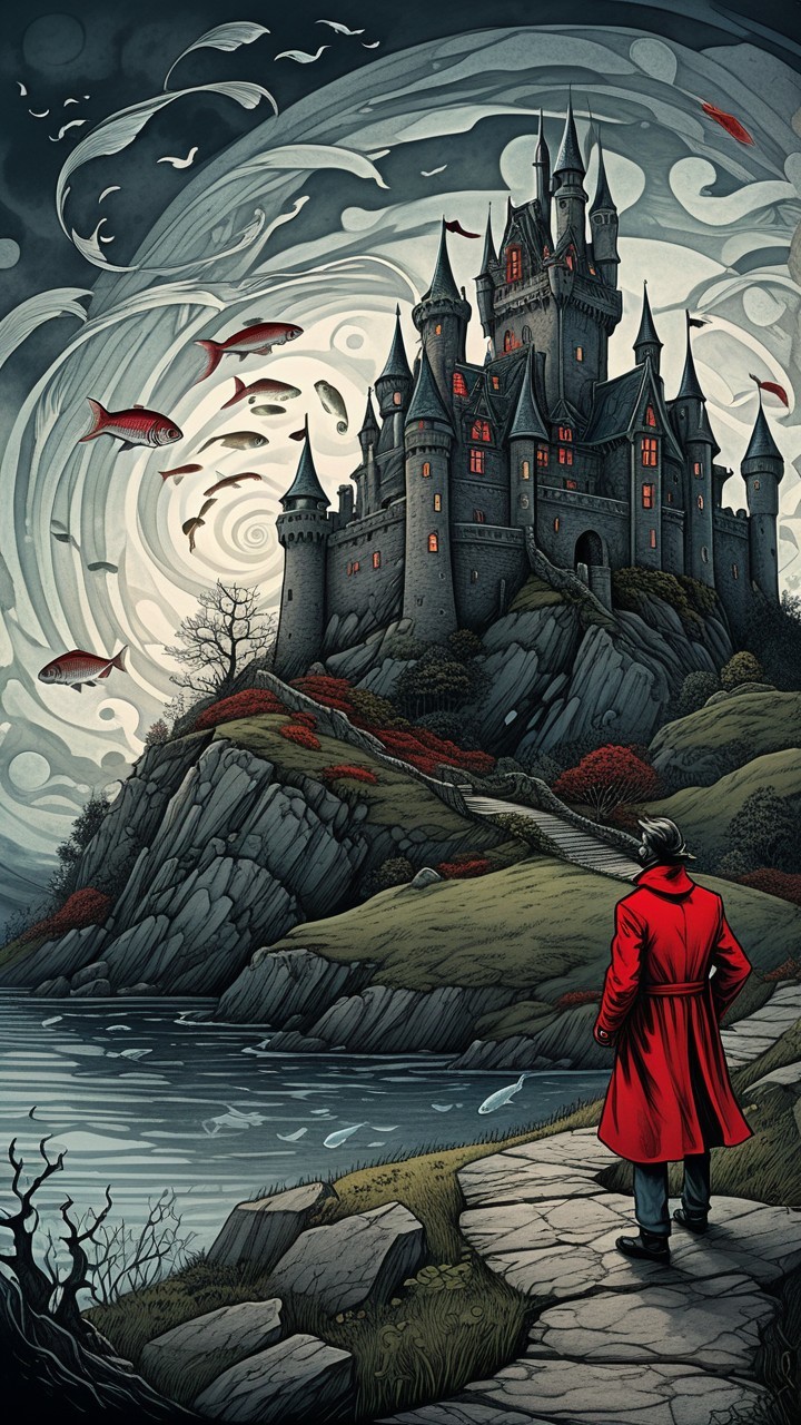 Solitary Figure on Path with Mystical Castle View