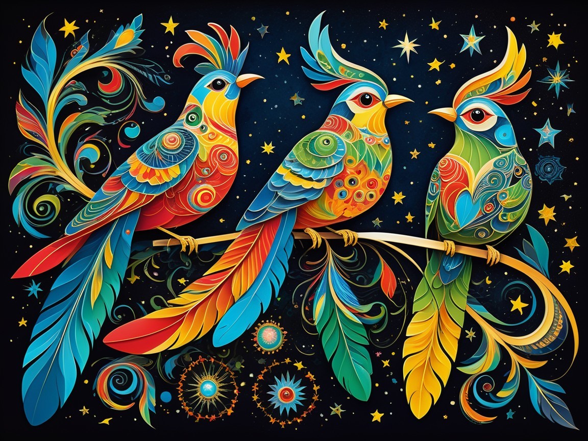 Vibrant Birds with Decorative Patterns in Night Sky