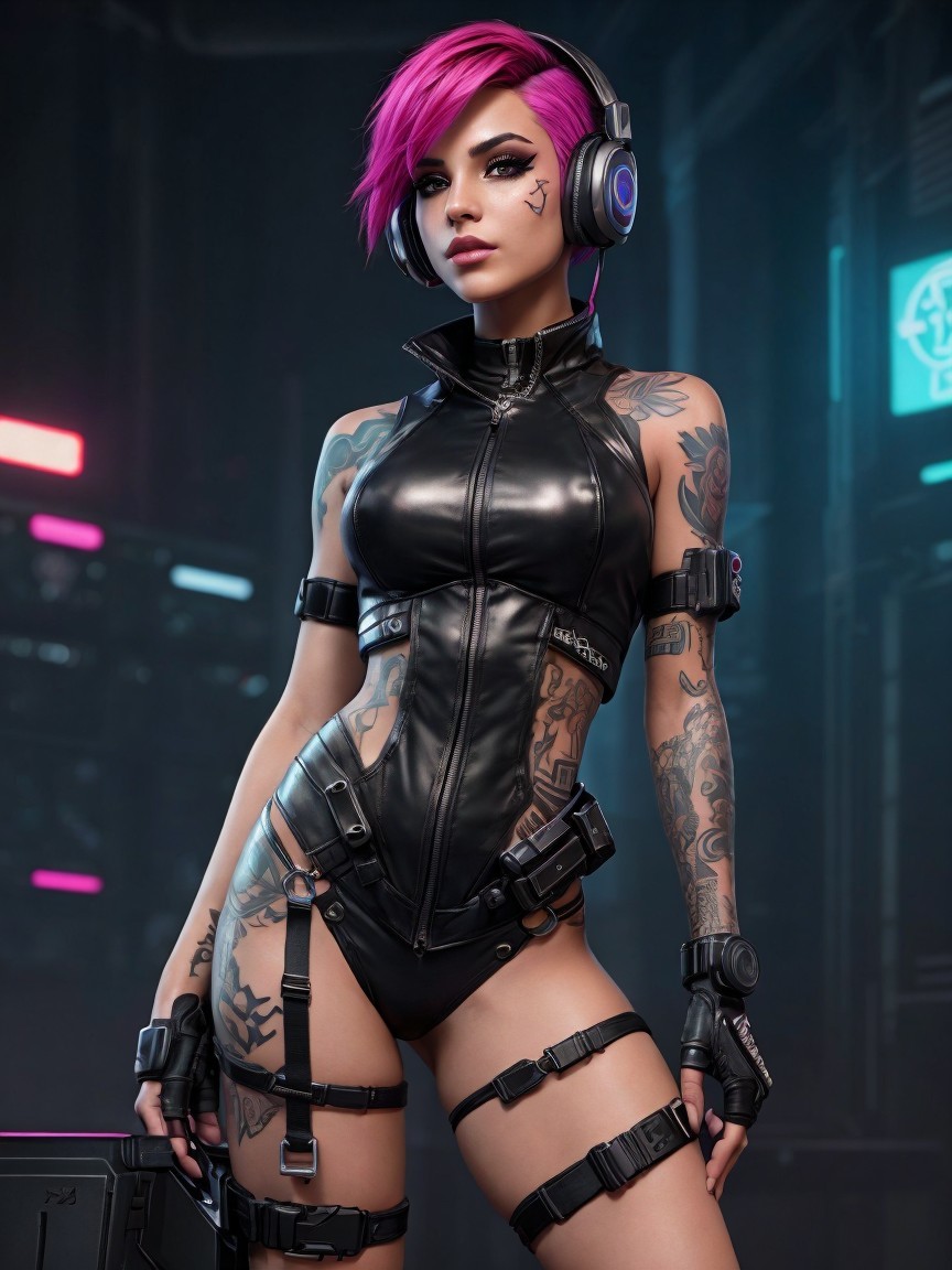 Cyberpunk Woman in Armored Bodysuit Digital Painting
