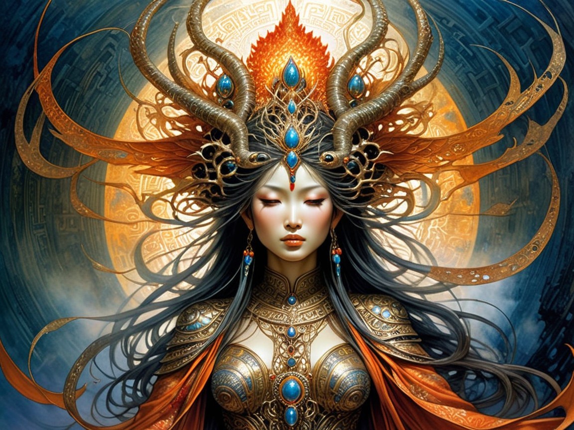 Mystical figure with ornate jewelry and glowing gems