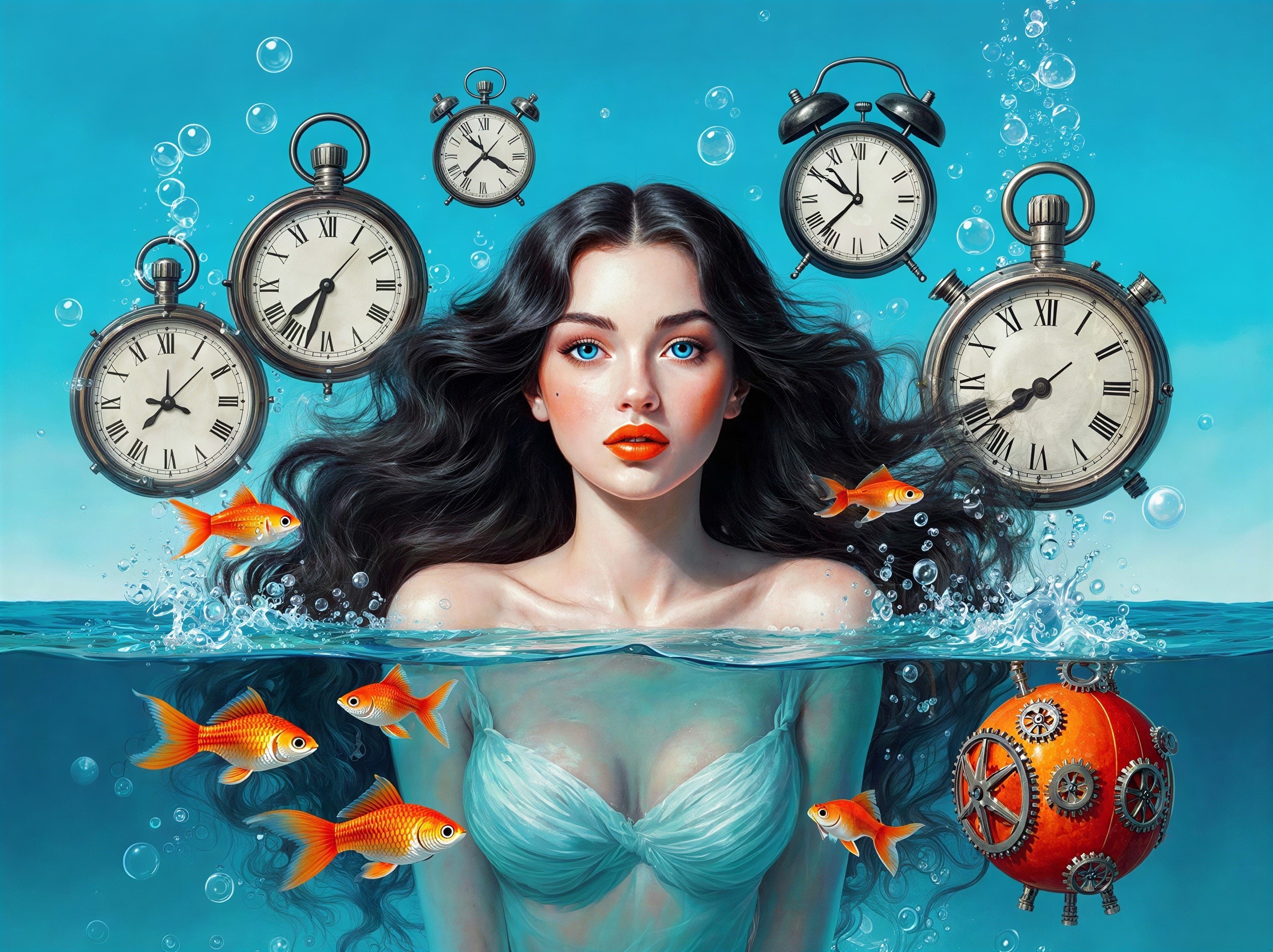 Surreal Illustration of Woman and Floating Clocks