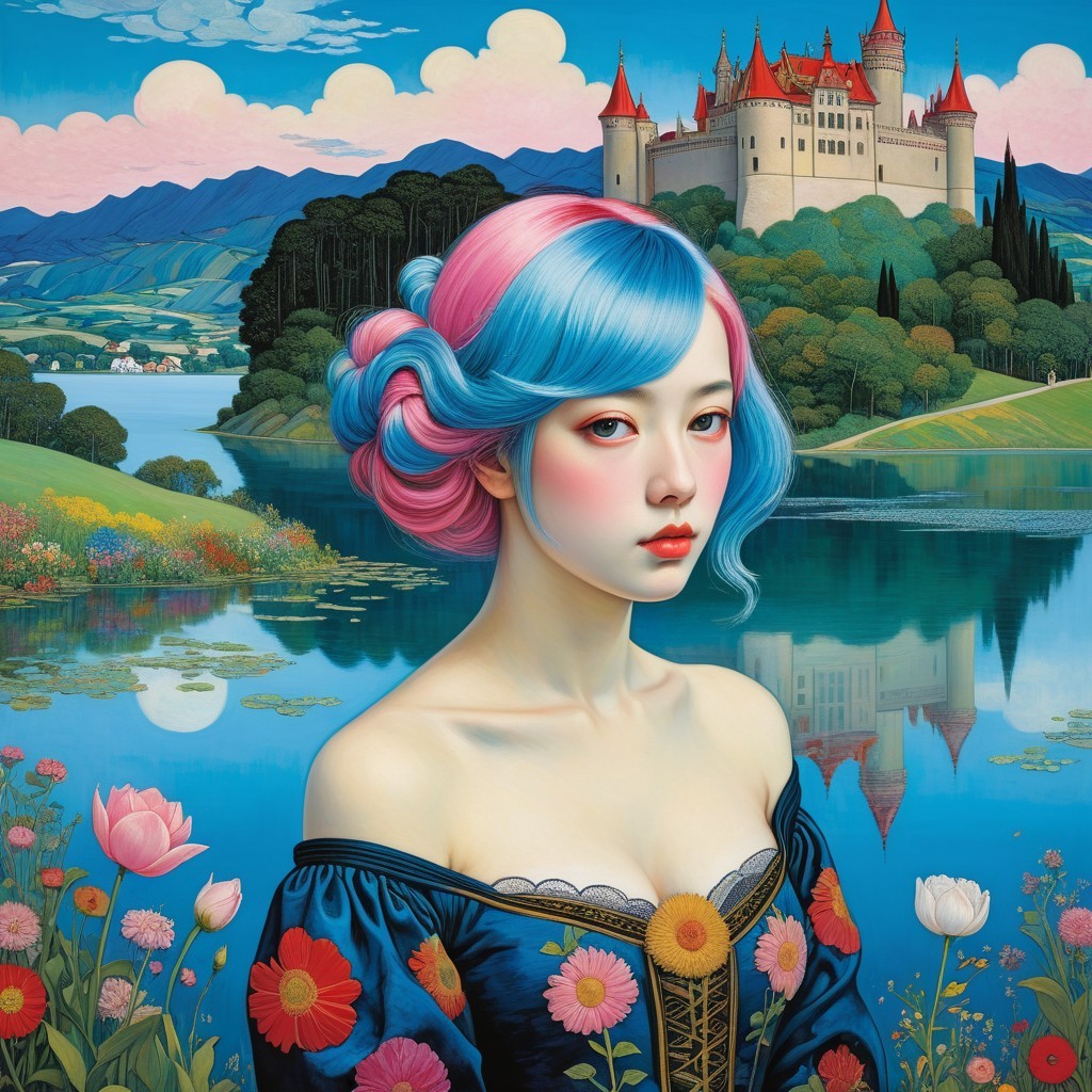 Young woman with colorful hair near serene lake and hills