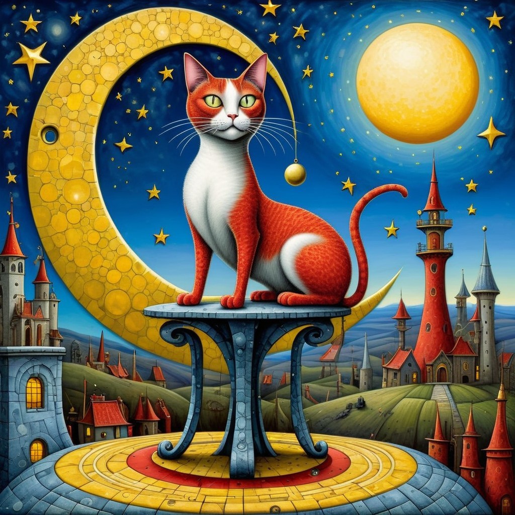Whimsical Cat on Pedestal in Dreamlike Landscape