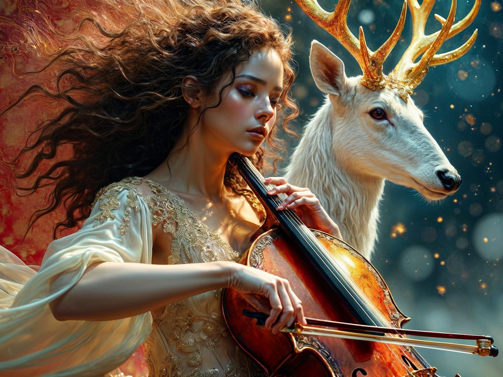 Mystical Scene of Woman with Cello and White Stag