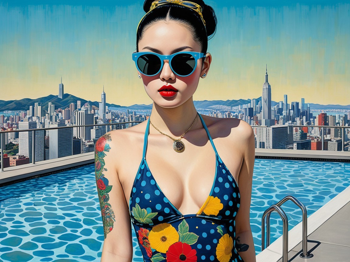 Fashionable Woman by Vibrant Blue Pool with Skyline