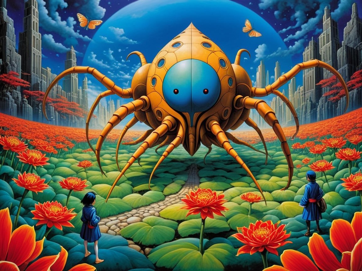 Surreal Landscape with Colossal Spider Creature and Figures