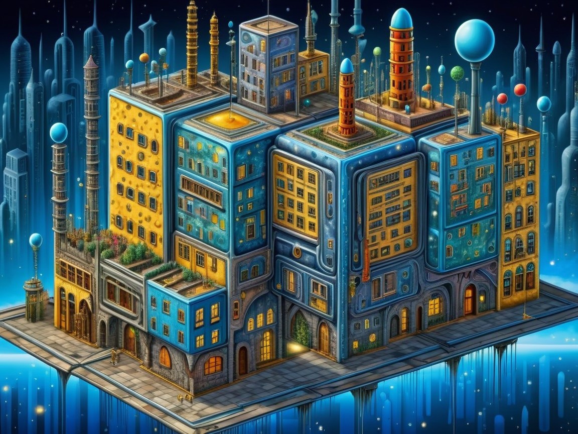 Vibrant Cityscape with Colorful Geometric Designs