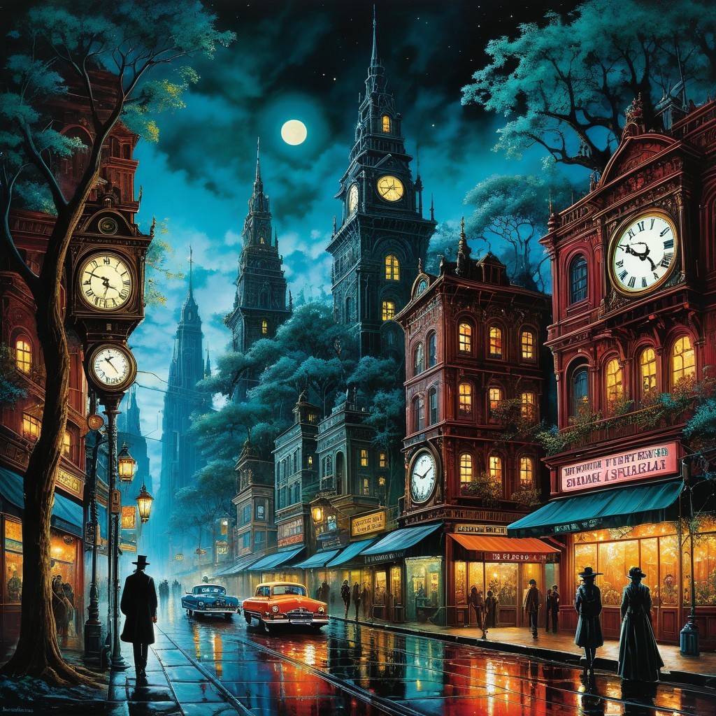 Moonlit Gothic Cityscape with Vintage Shops and Shadows