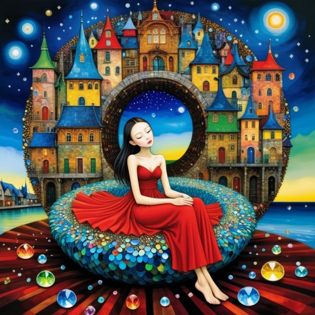Serene Woman in Red Dress in Whimsical Landscape