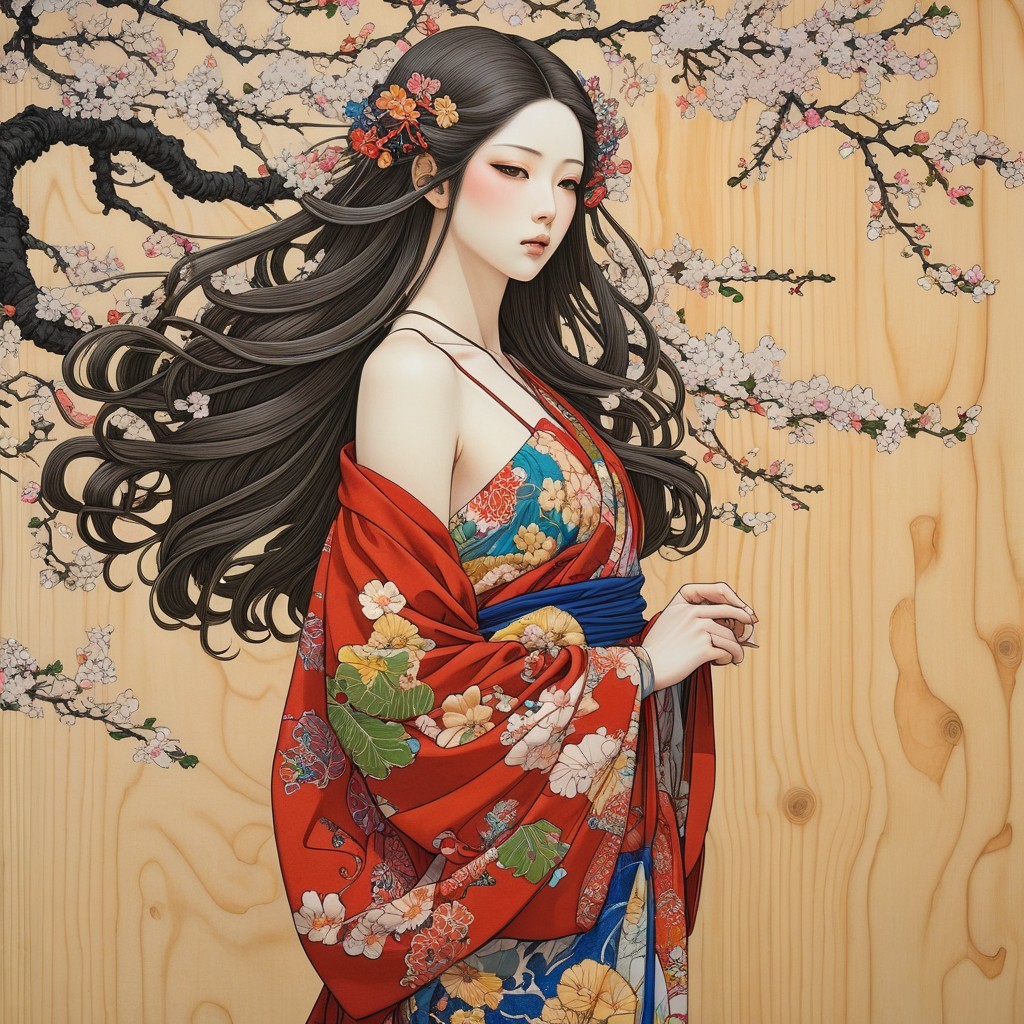 Woman in Traditional Japanese Attire Among Cherry Blossoms