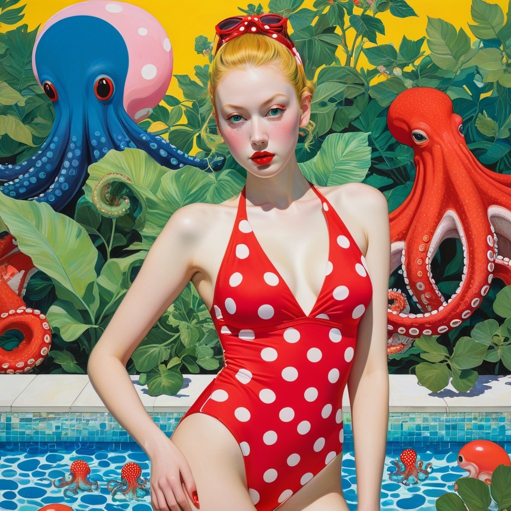 Vintage Red Polka-Dot Swimsuit by a Colorful Pool