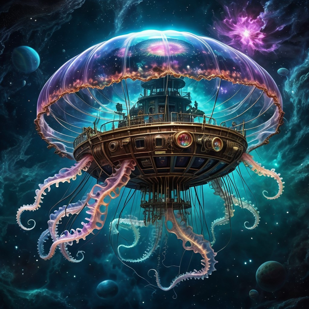 Floating Jellyfish Craft in Cosmic Sci-Fi Scene