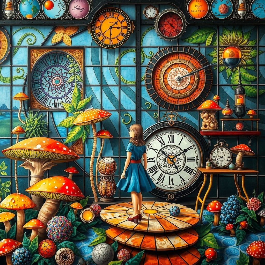 Young girl in blue dress among whimsical time-themed decor
