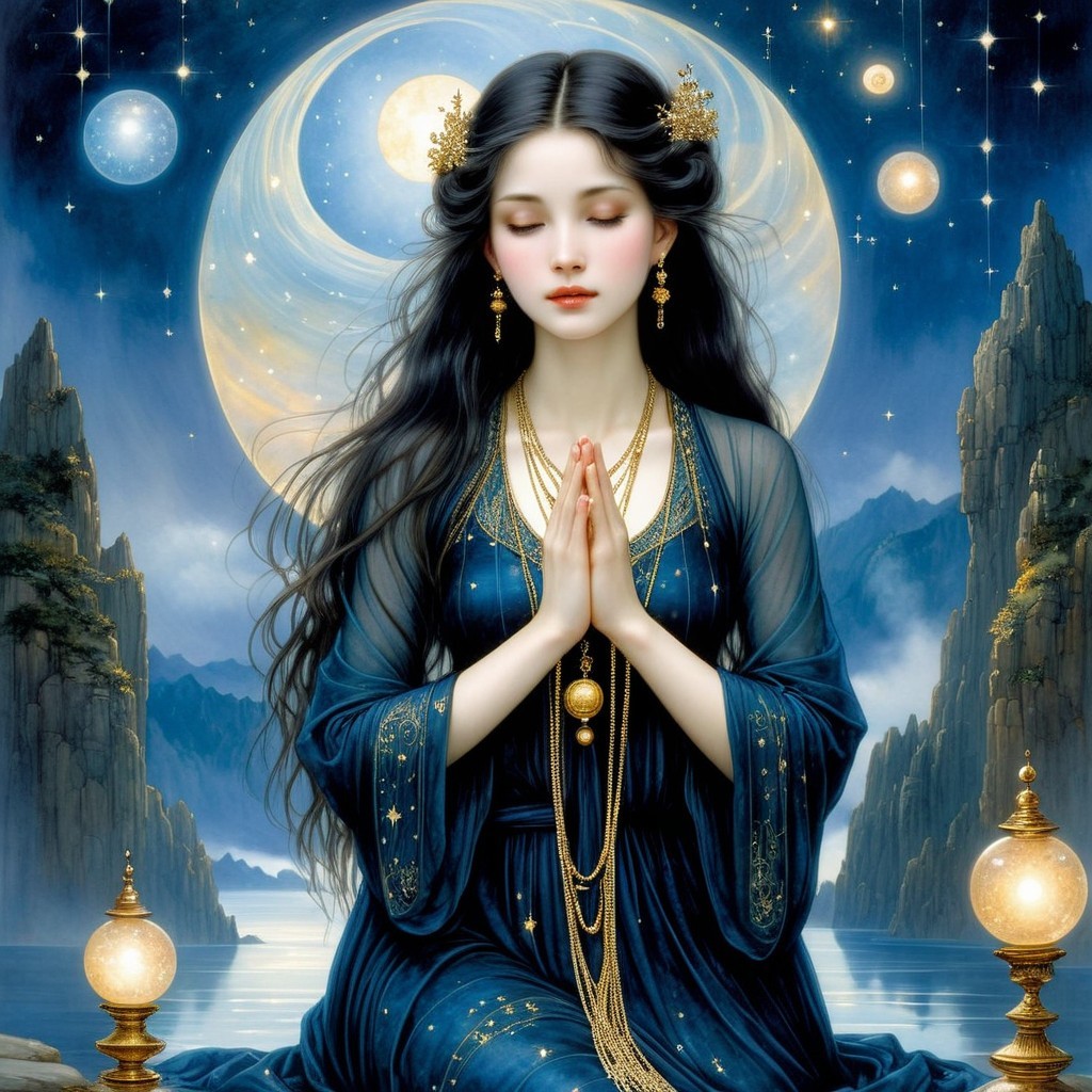Serene Figure in Blue Gown Praying Under Night Sky