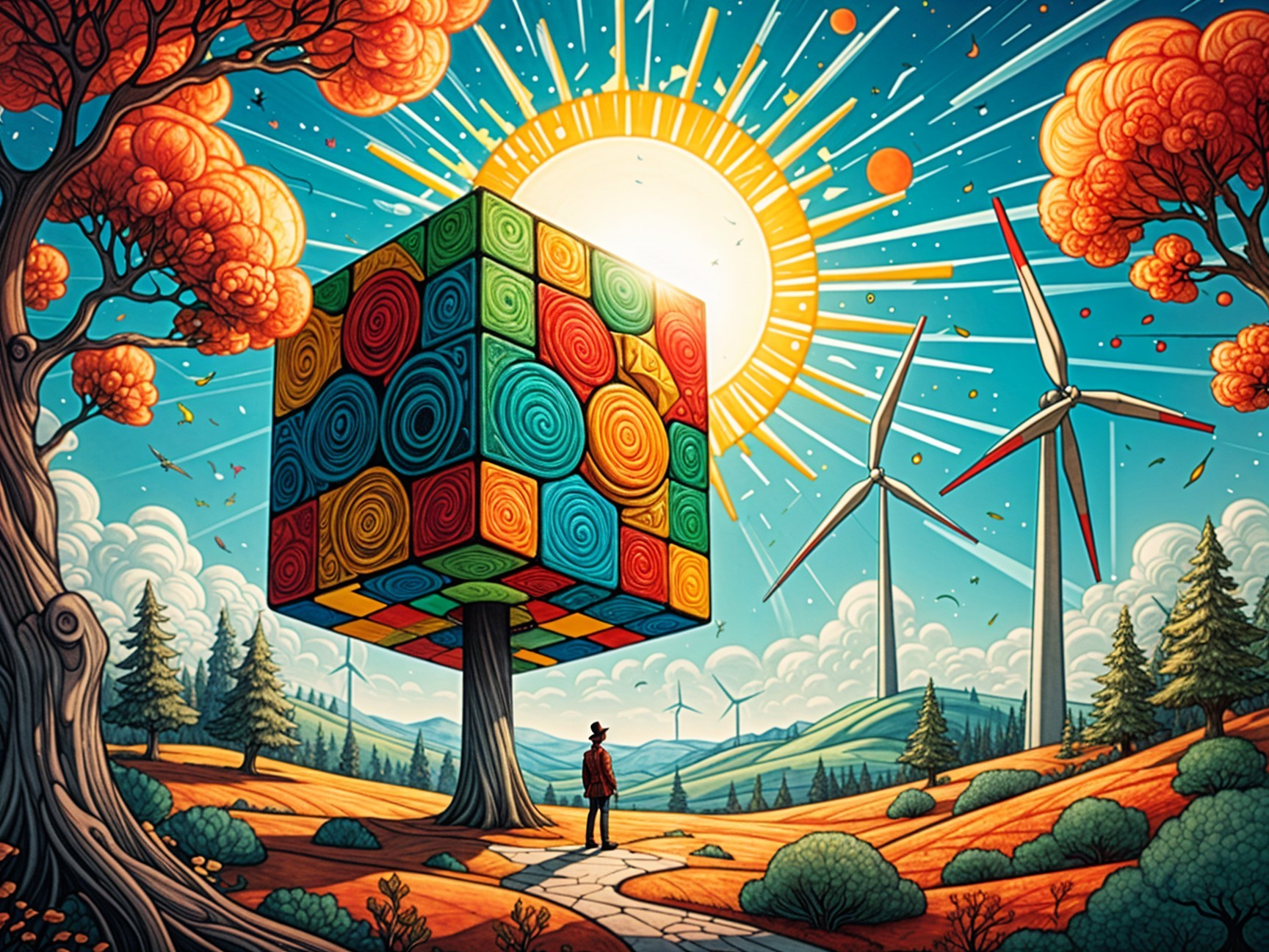 Vibrant Landscape with Colorful Cube and Nature Elements