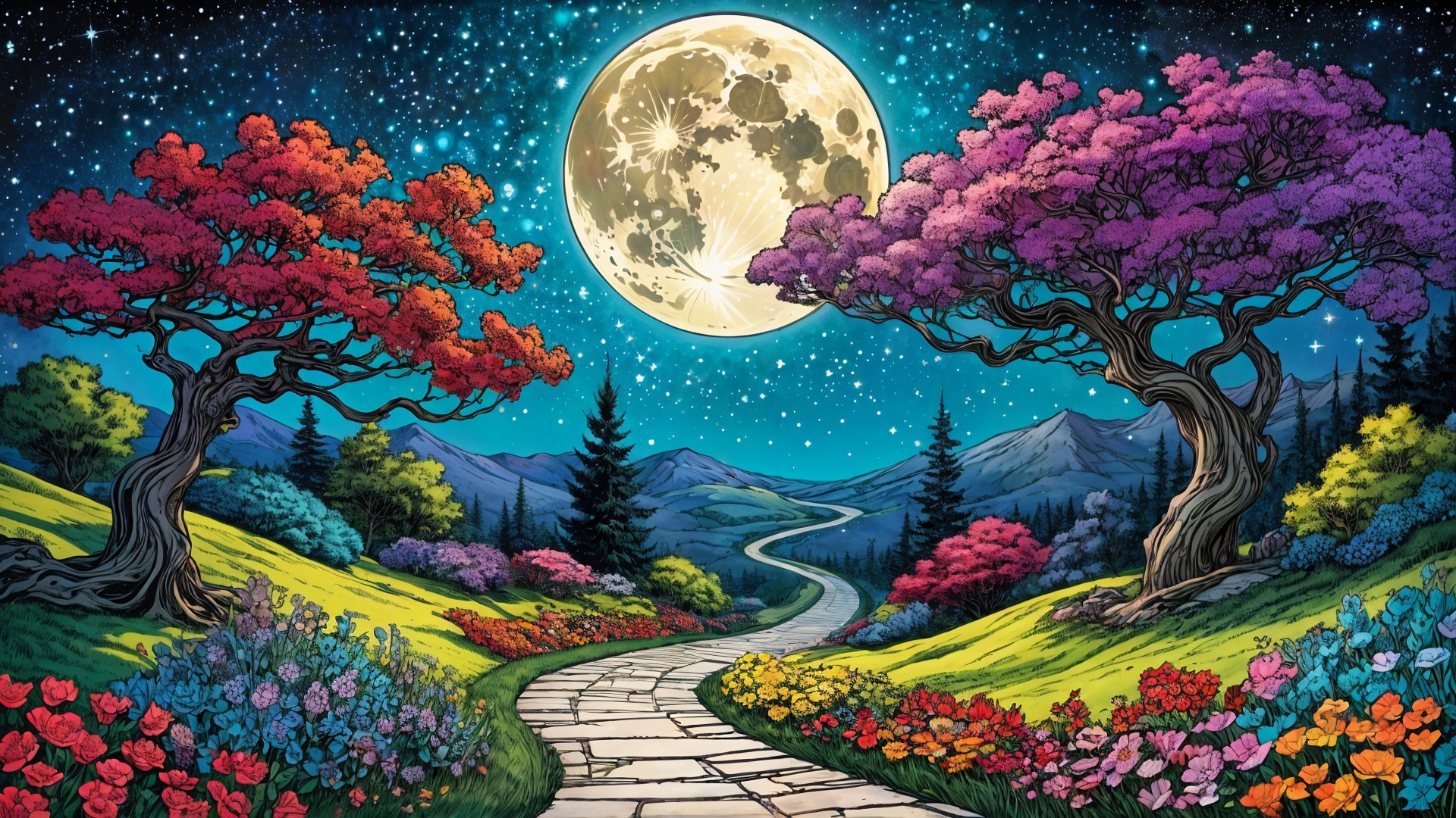 Serene Landscape with Winding Path and Vibrant Foliage