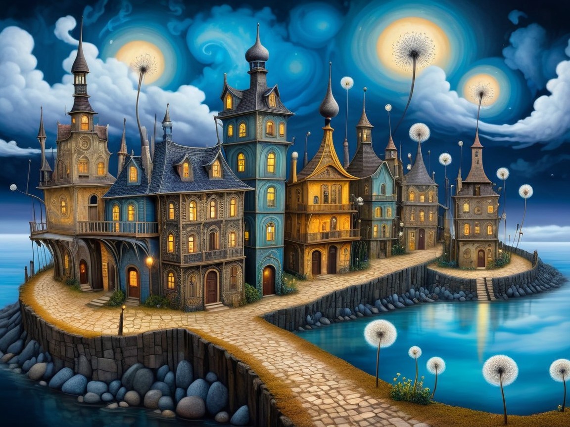 Whimsical Village with Colorful Buildings and Nature