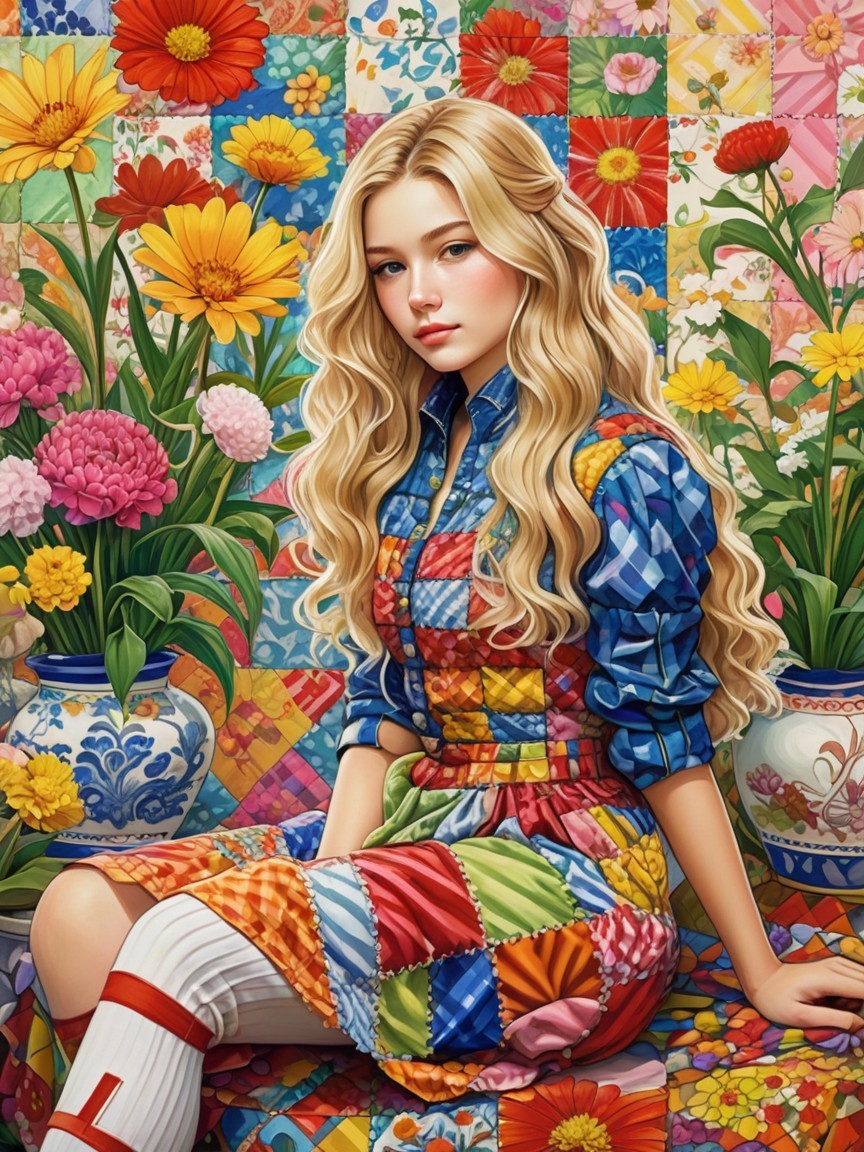 Young woman in patchwork dress among vibrant flowers