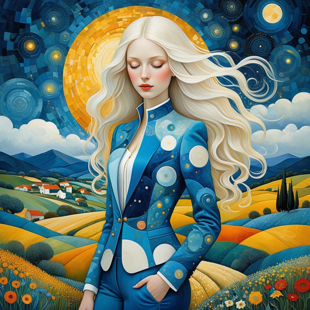 Serene Figure in Blue Suit Against Vibrant Landscape