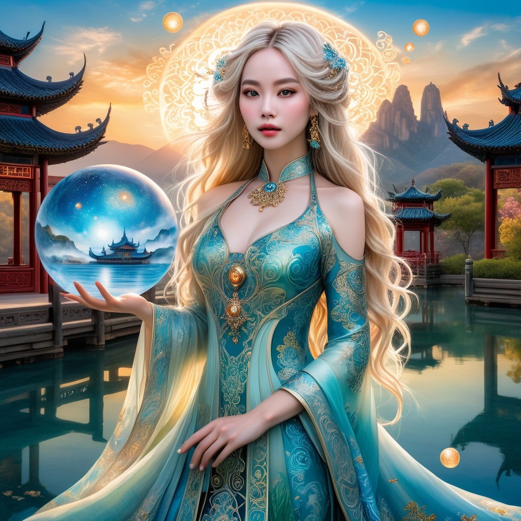 Serene Woman in Turquoise Gown by Tranquil Waterway