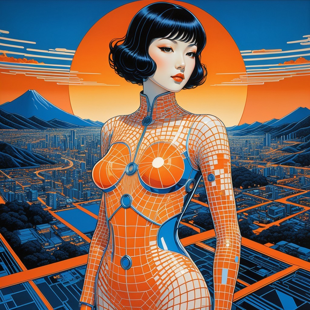 Futuristic Female Figure at Vibrant Sunset with Mountains