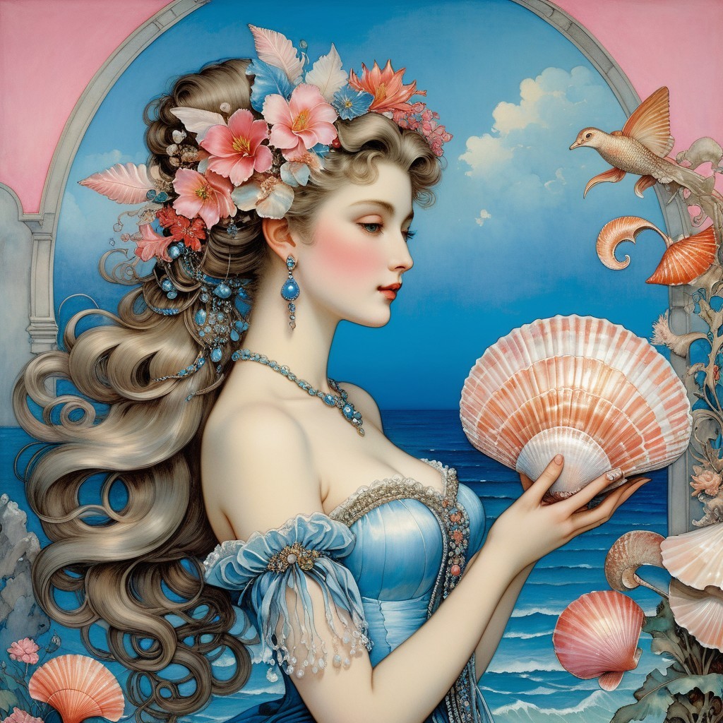 Woman with Wavy Hair and Seashell by the Ocean