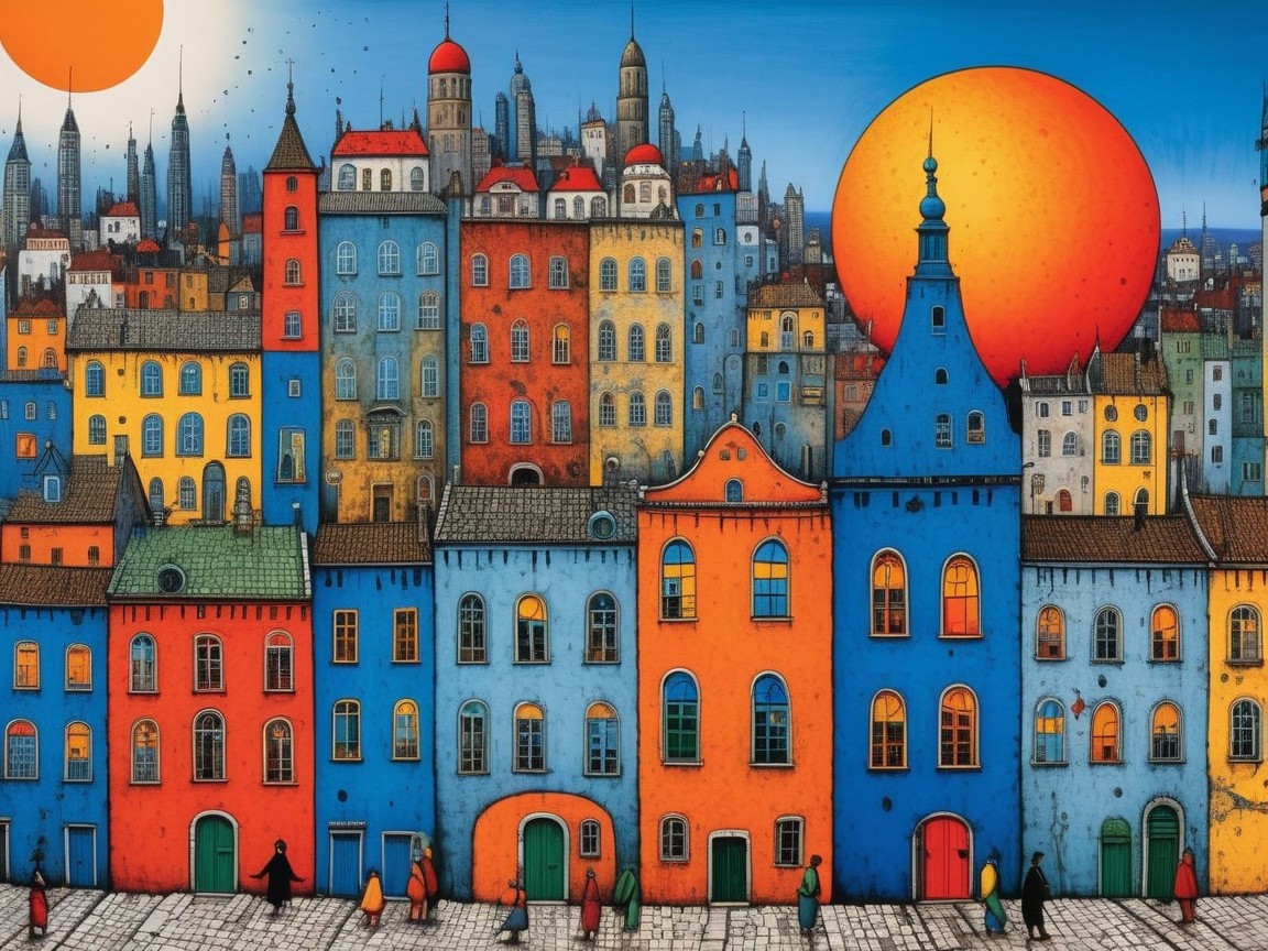 Vibrant cityscape with colorful buildings and suns