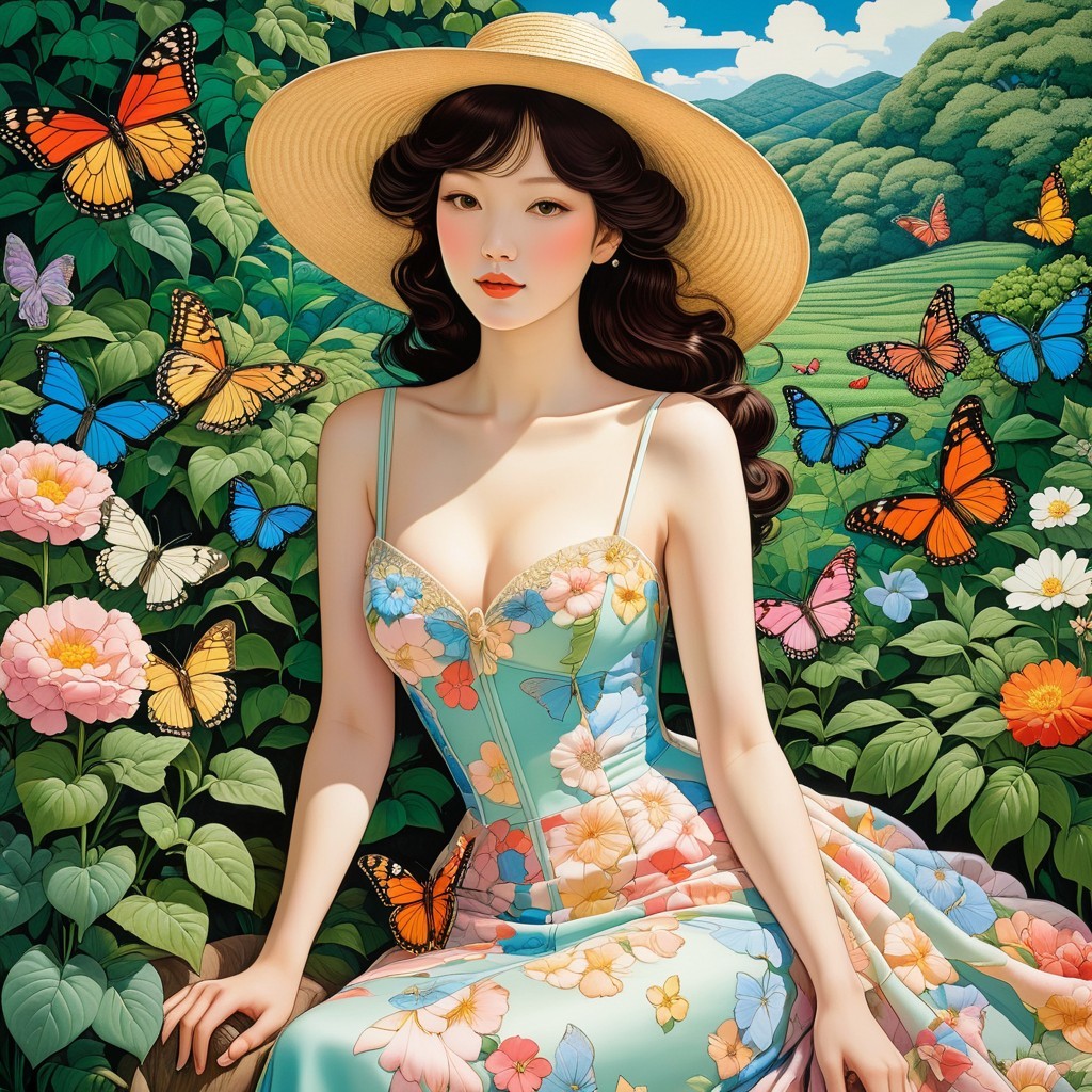 Woman in Blue Dress Surrounded by Flowers and Butterflies