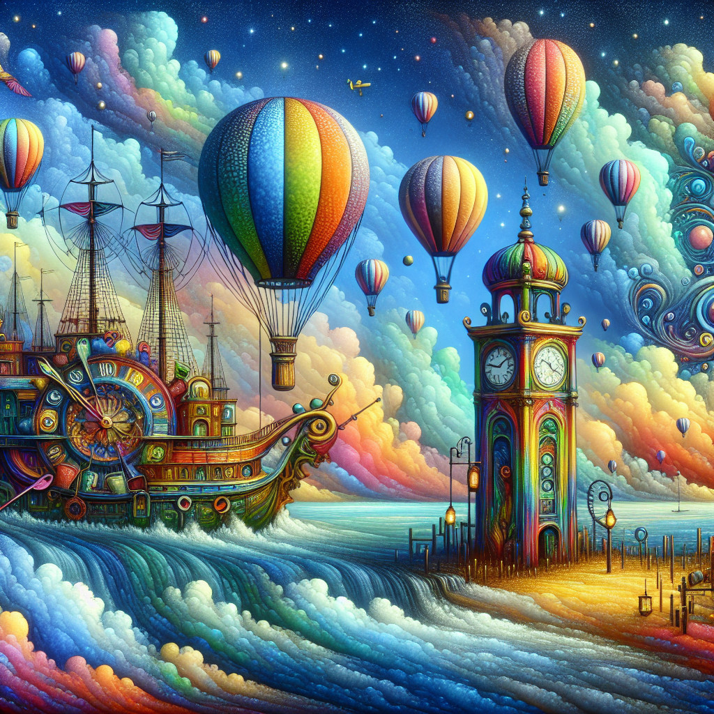 Vibrant Fantastical Ship Sailing Through Colorful Waves