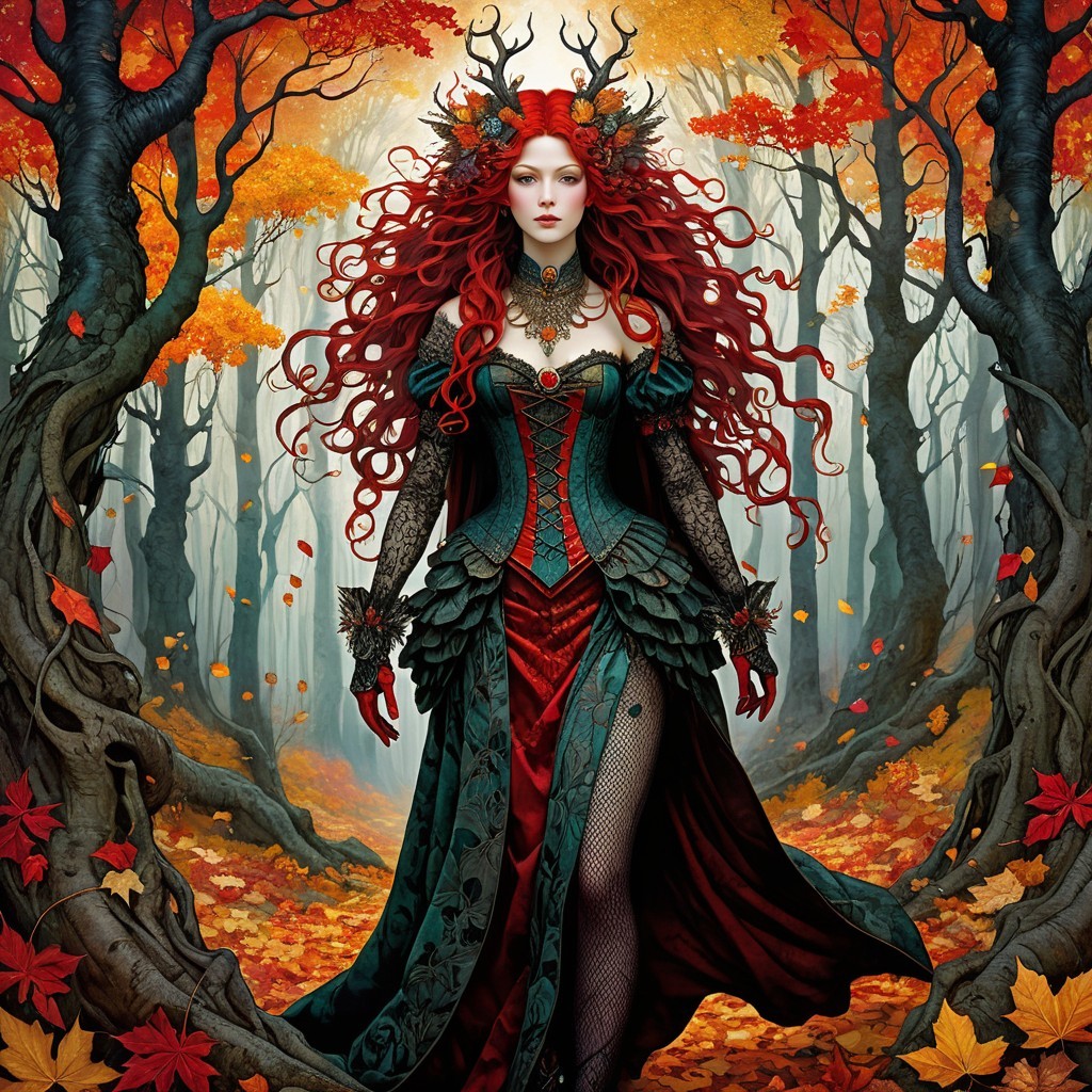 Mystical Forest Figure in Autumn Gown with Antlers