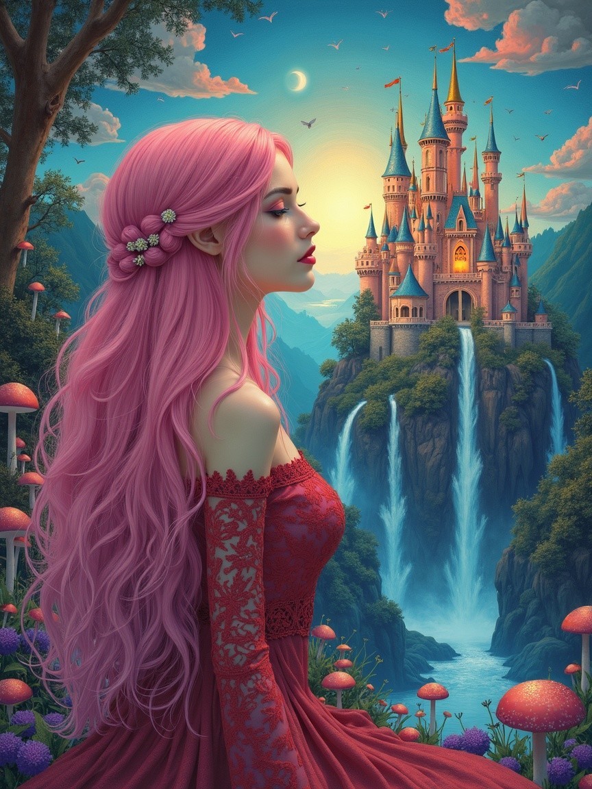 Young Woman with Pink Hair in Fairytale Landscape