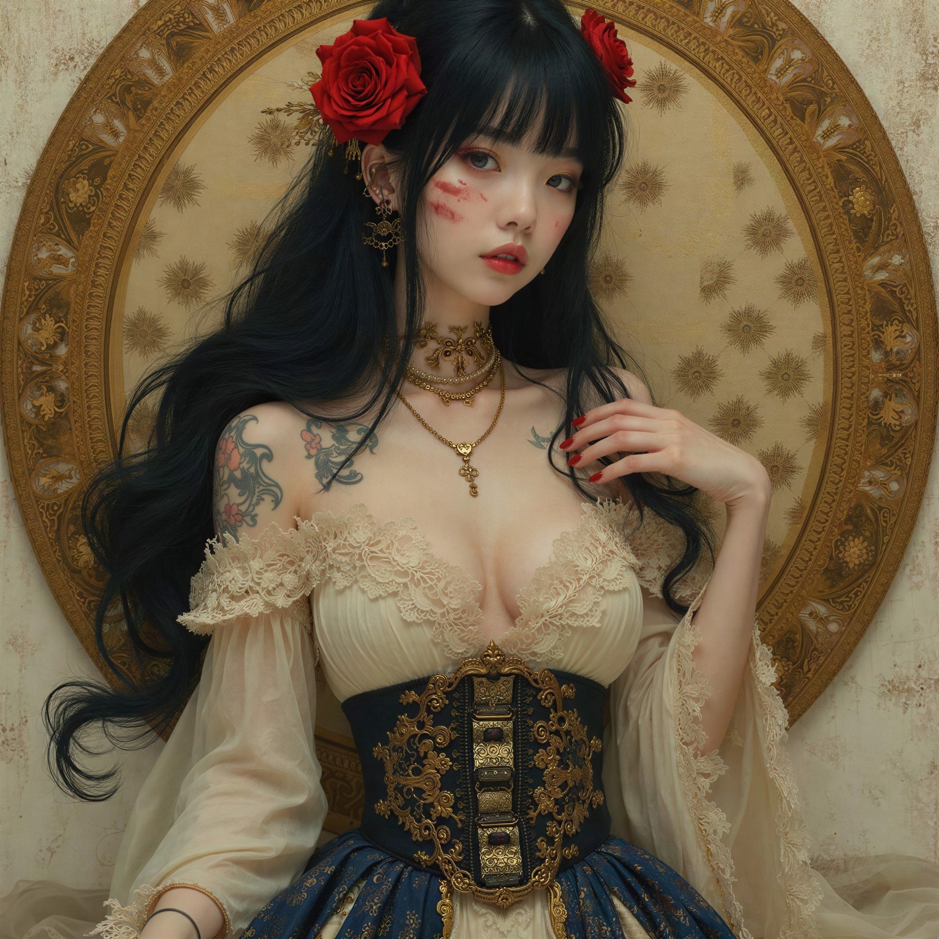 Woman in Cream Dress with Roses and Gold Jewelry