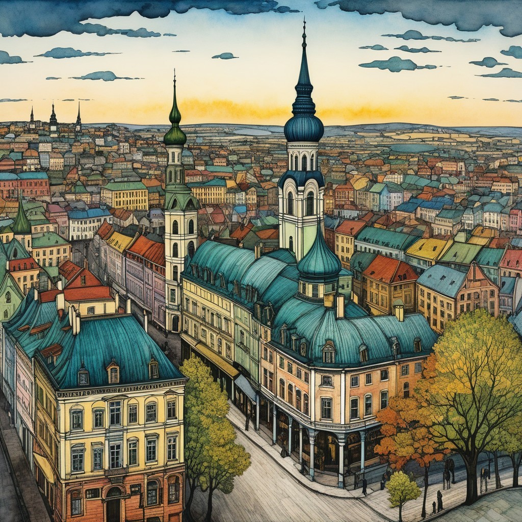 Vibrant Cityscape at Dusk with Colorful Architecture