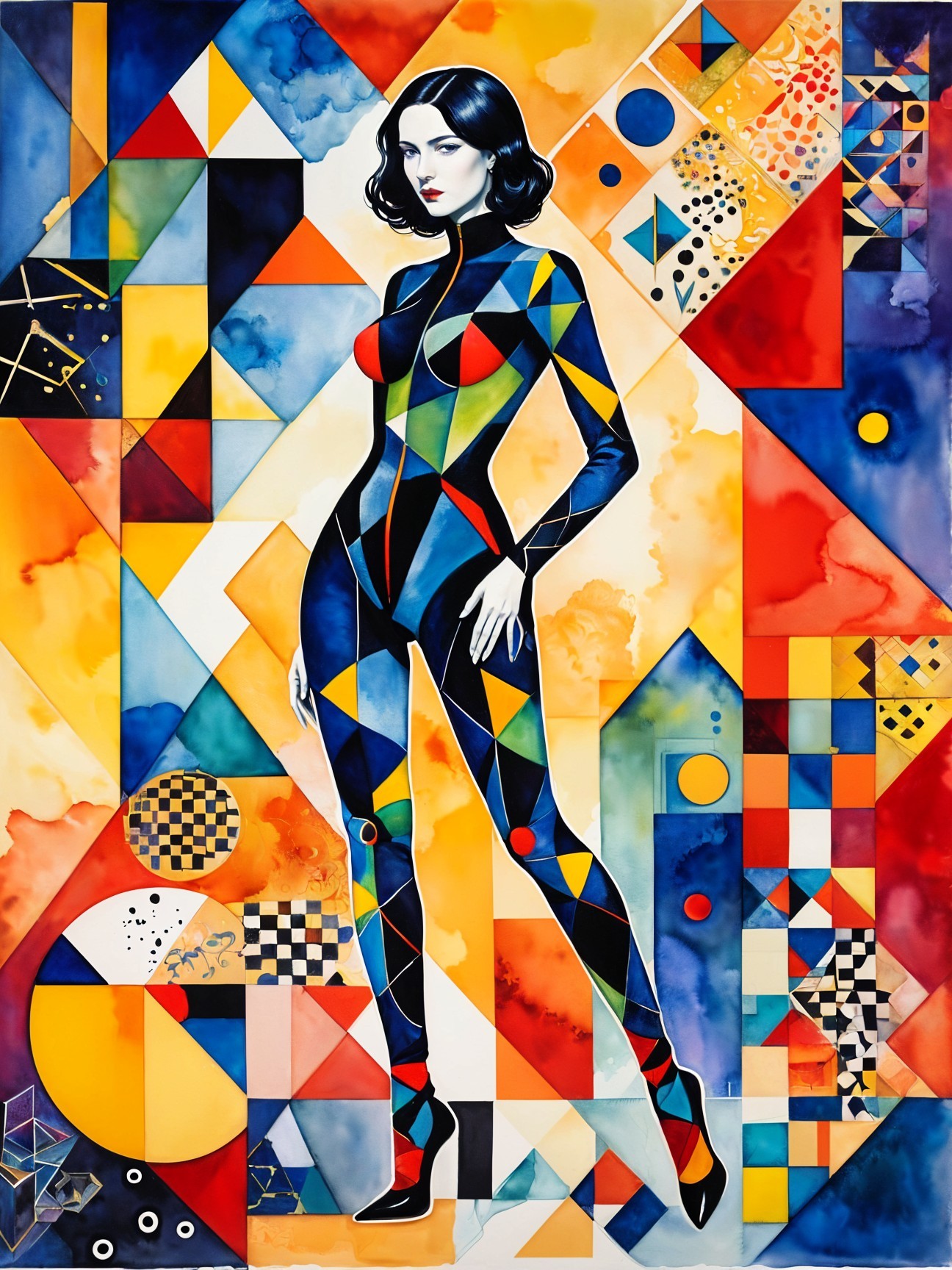Stylized Female Figure in Vibrant Geometric Catsuit