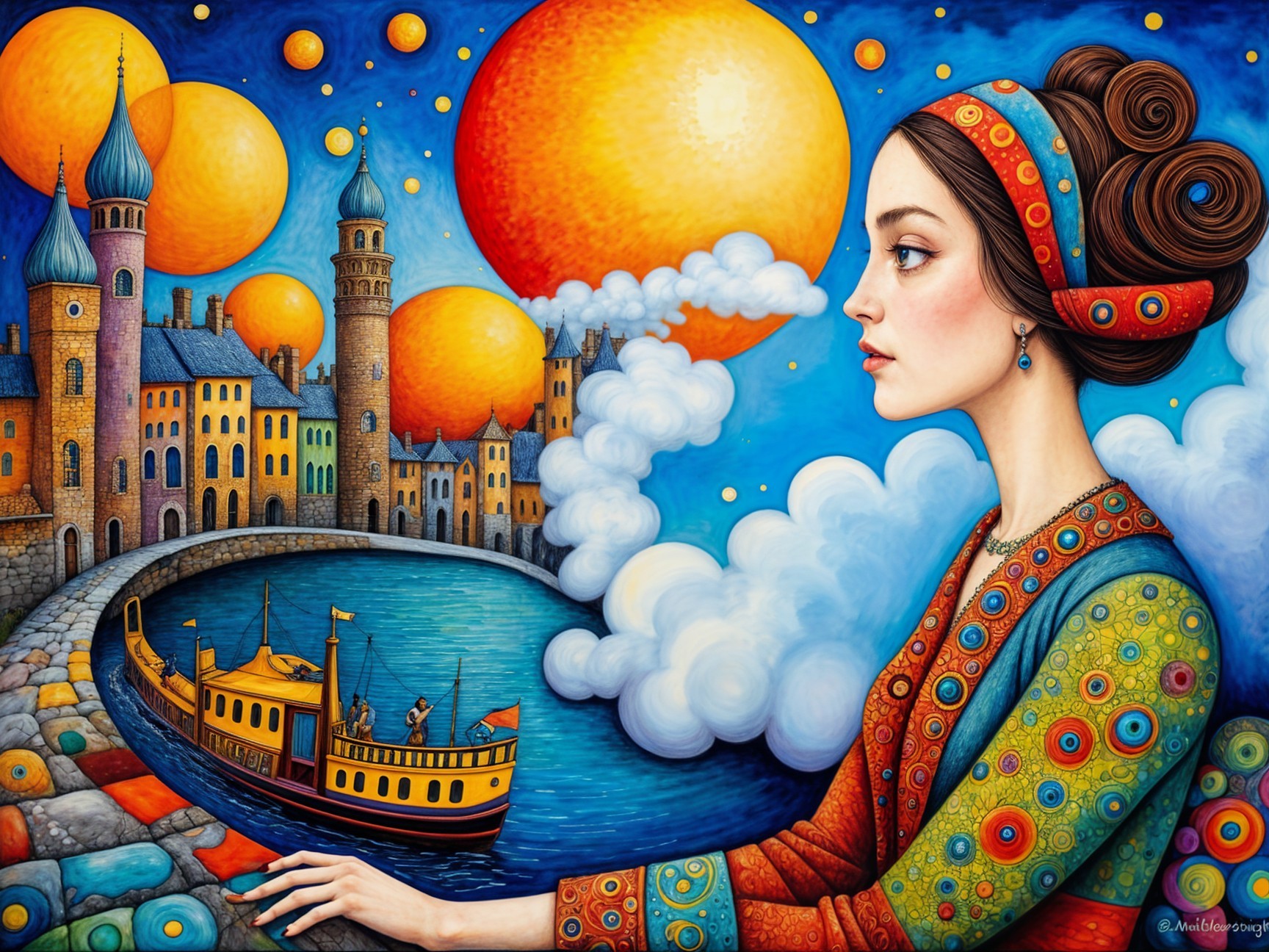 Whimsical Waterfront City with Vibrant Dress and Castles