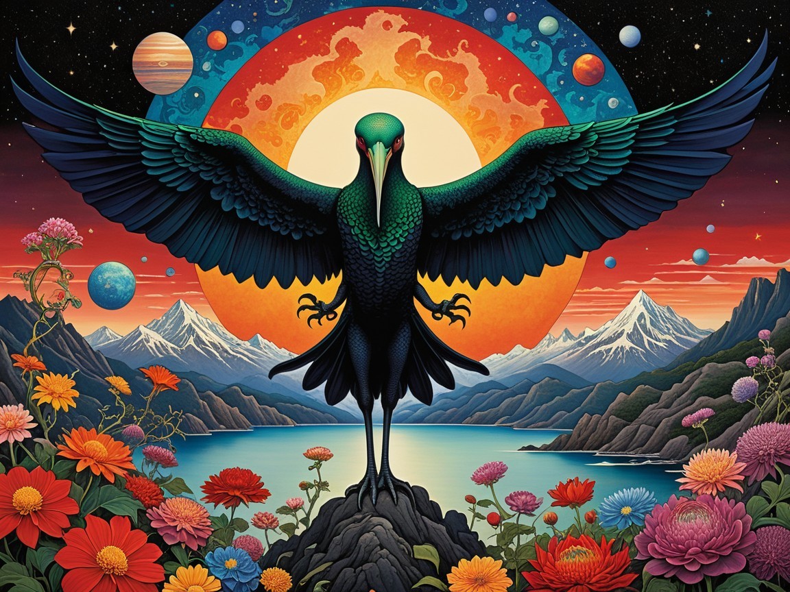 Surreal Landscape with Majestic Bird and Cosmic Sun