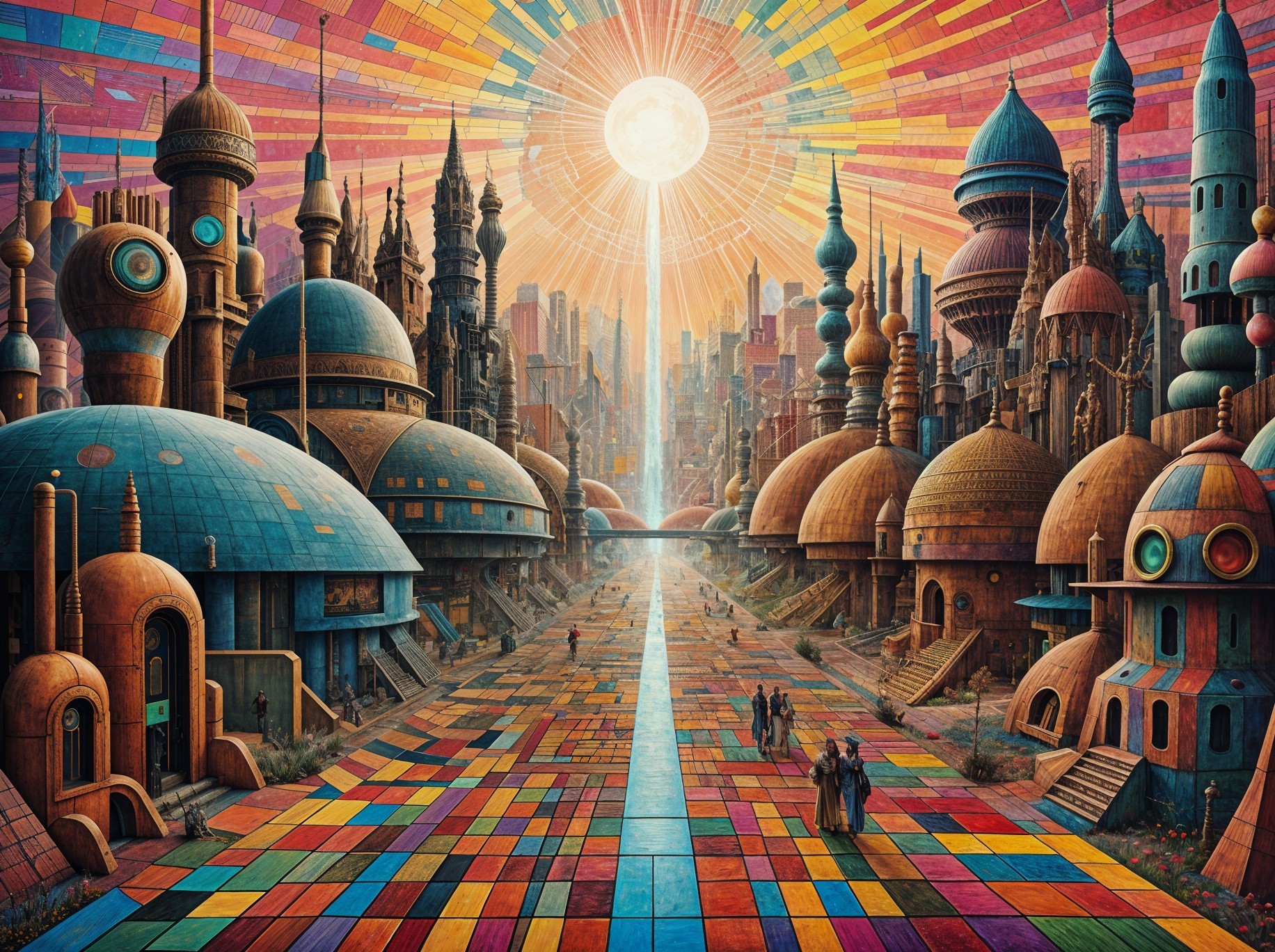 Futuristic cityscape with colorful domes and greenery