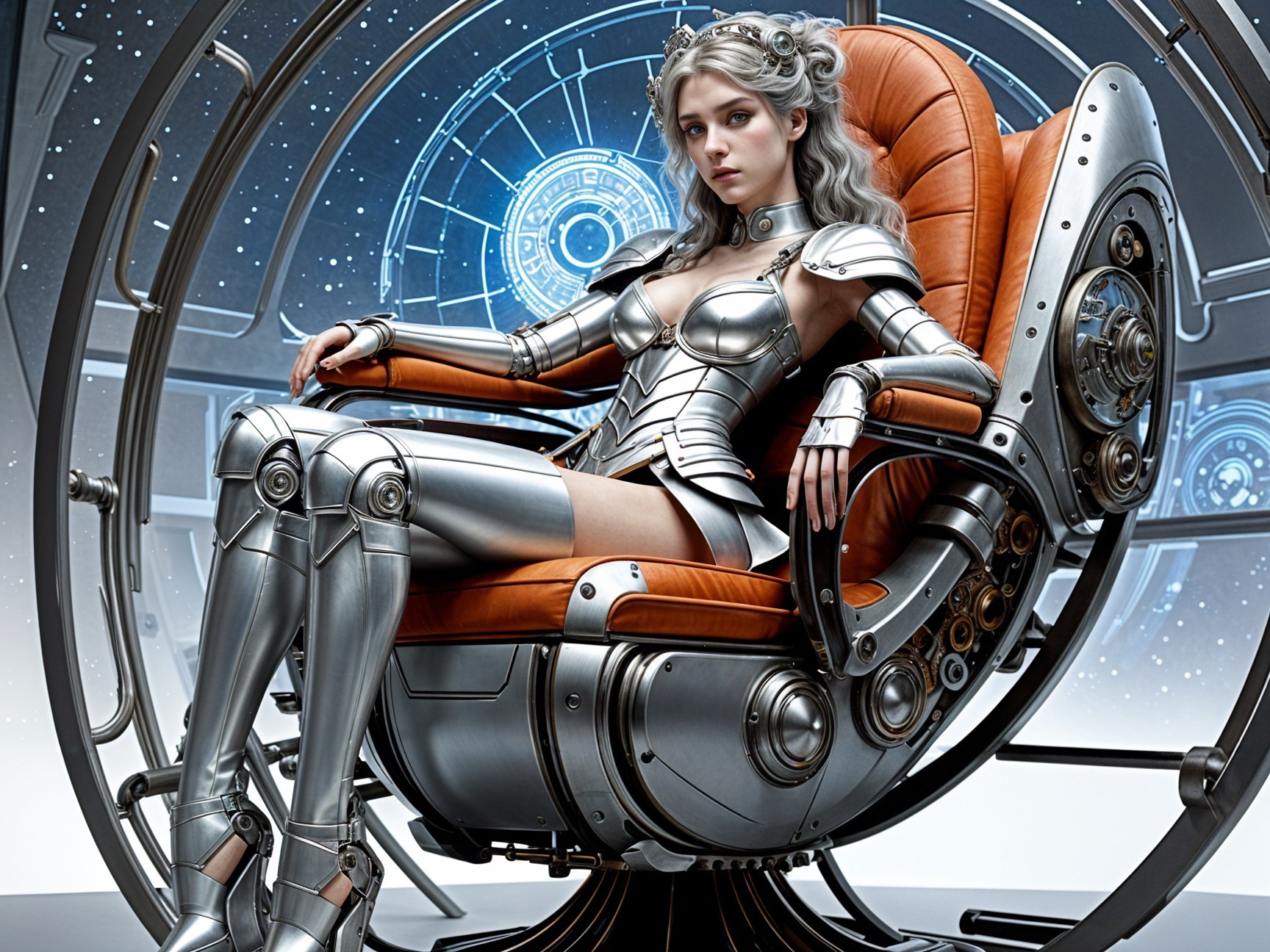 Futuristic Woman in High-Tech Chair with Cosmic Backdrop