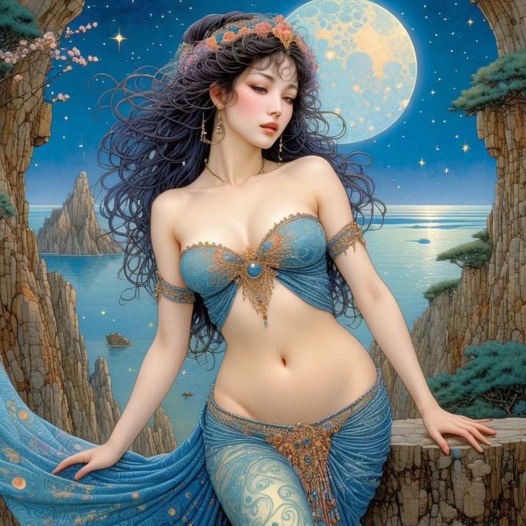 Fantasy Scene of Woman in Blue Garments by Ocean